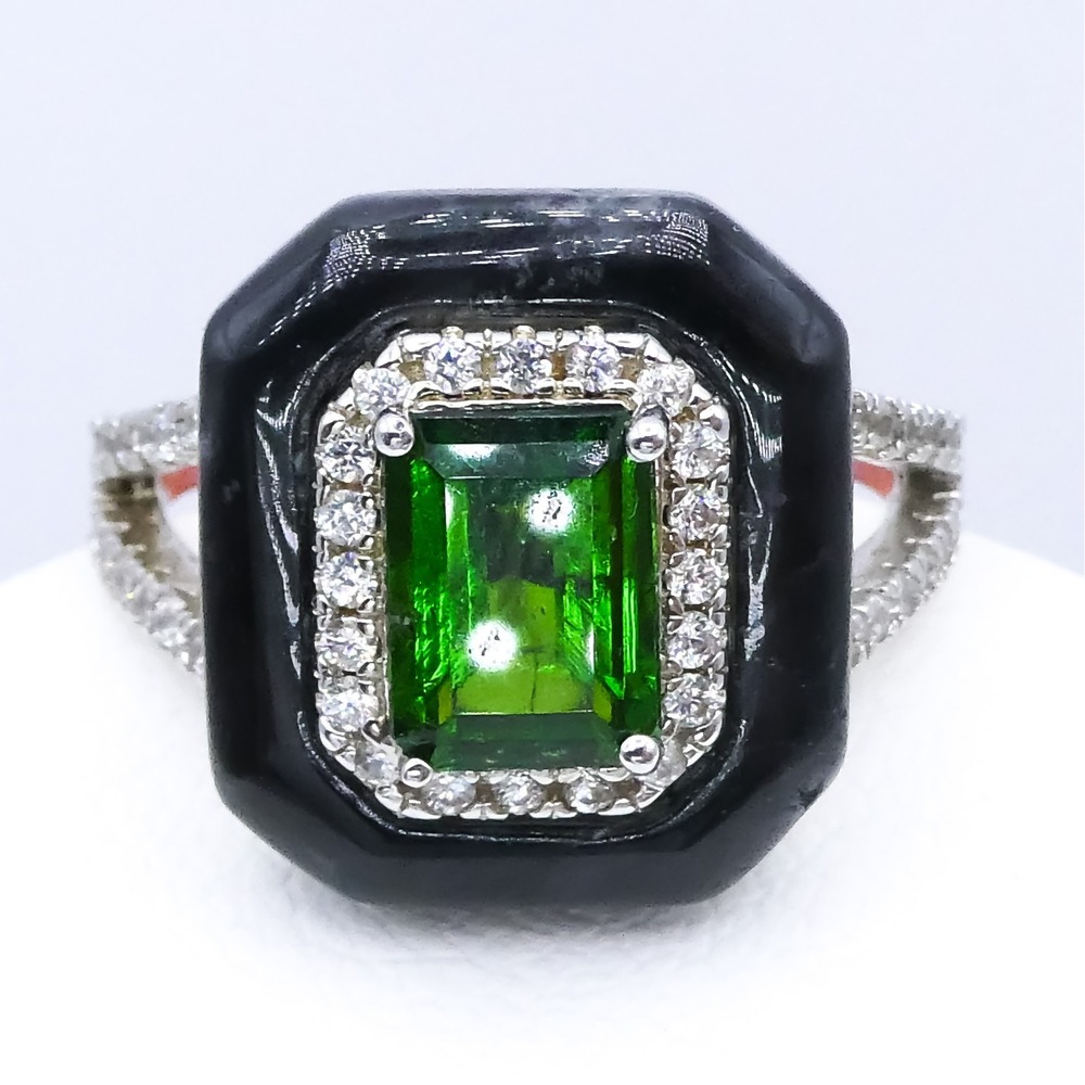 Chuck Clemency Art Deco Chrome Diopside 7.4ctw Black Onyx Sterling Silver Ring 9